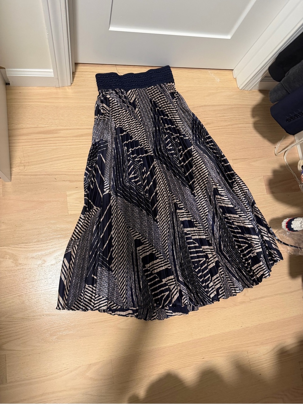 ba&sh Navy and Cream Pleated Maxi Skirt